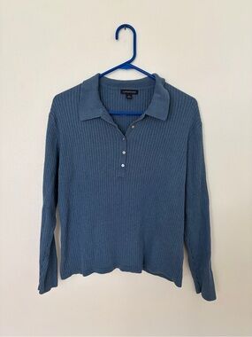 Lands' End Ribbed Long-Sleeve Polo in Dusty Blue